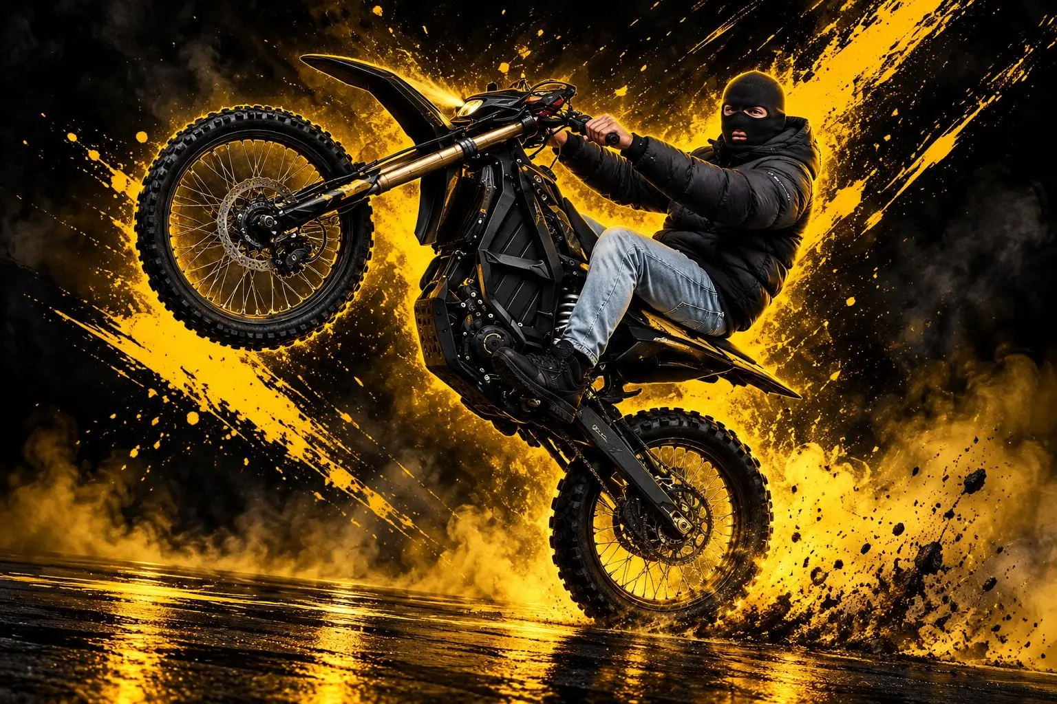 Alpha Dee pulling a wheelie on his bike
